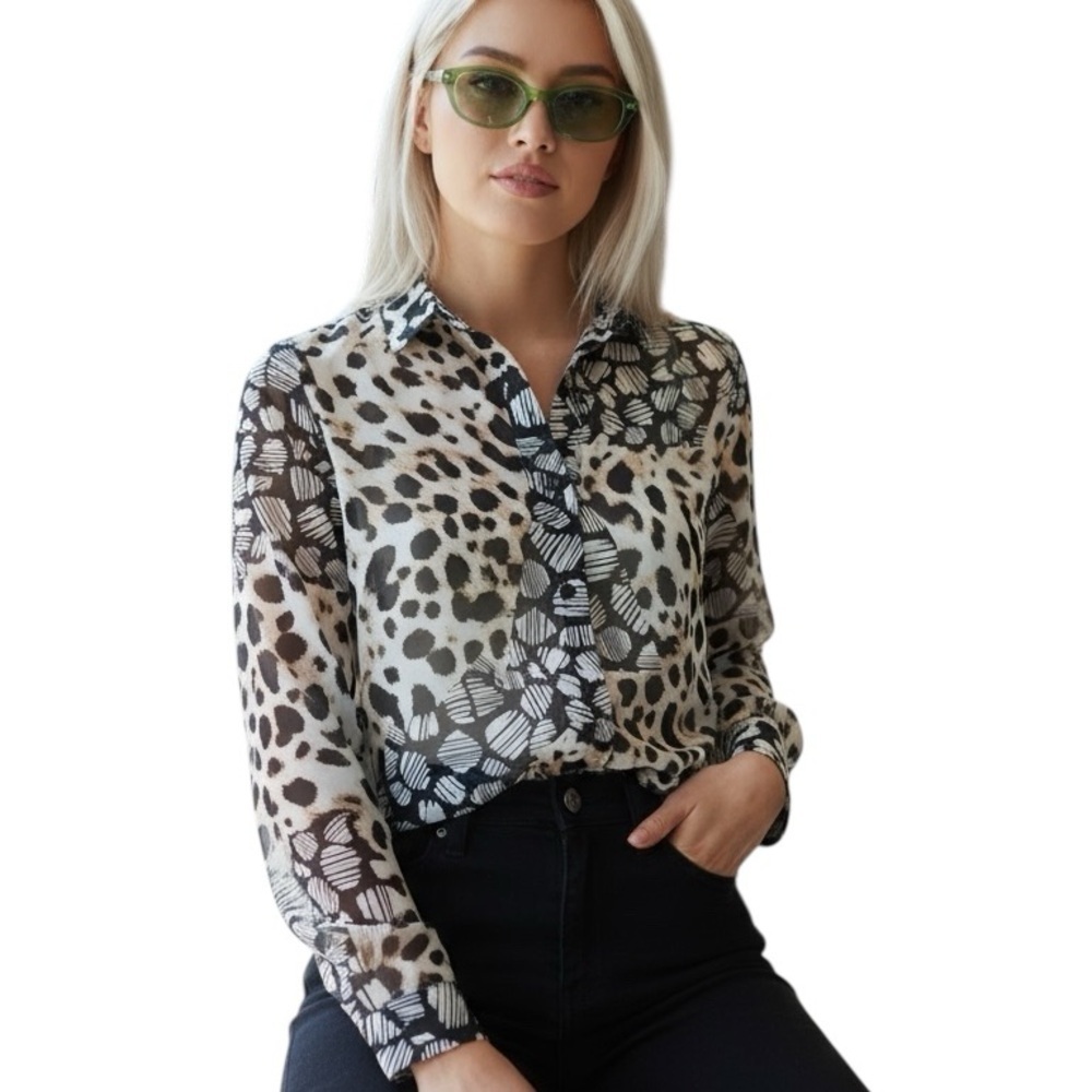 ASOS Small Size 4 Sheer Leopard Polka Dot Mixed Media Long Sleeve Blouse